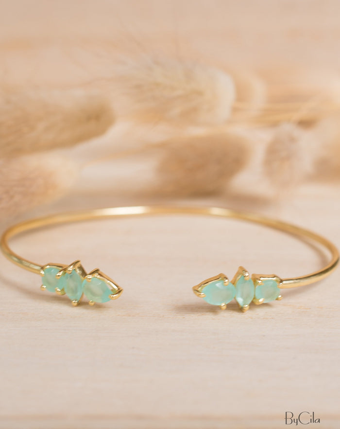 Aqua Chalcedony Bohemian Bangle Bracelet * Gold Plated * Gemstone * Gypsy * Adjustable * Statement * Stacking * Layering *BJB037