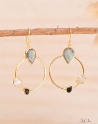 Lavinia Earrings * Labradorite, Black Onyx & Moonstone * Gold Plated 18k * BJE122