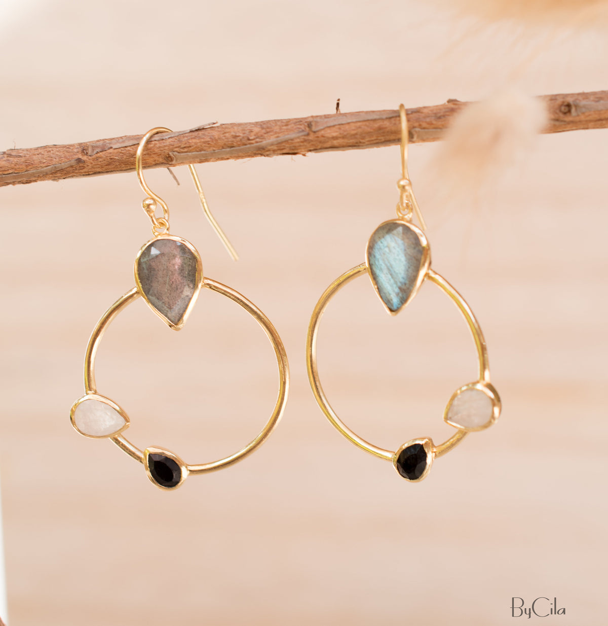 Lavinia Earrings * Labradorite, Black Onyx & Moonstone * Gold Plated 18k * BJE122