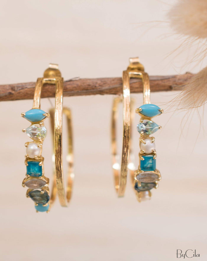 Stella Earrings * Turquoise, Blue Topaz, Pearl, Green White Jade, Labradorite & Iolite hydro * Gold Plated 18k * BJE105