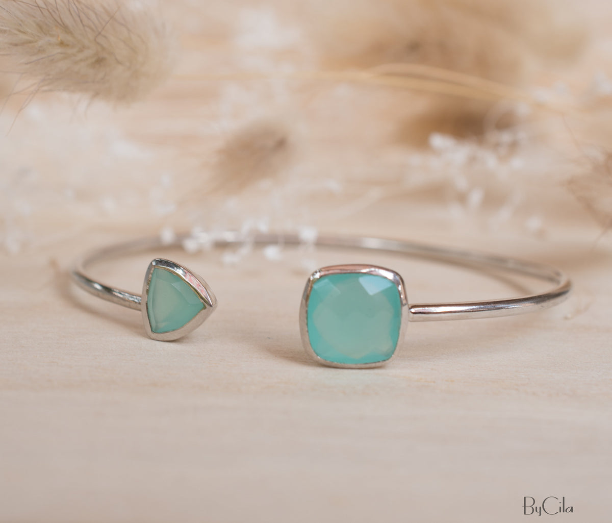 Aqua Chalcedony Bohemian Bangle Bracelet * Gold Plated 18k or Silver Plated *Gemstone * Gypsy * Adjustable * Statement * Stacking *BJB001F