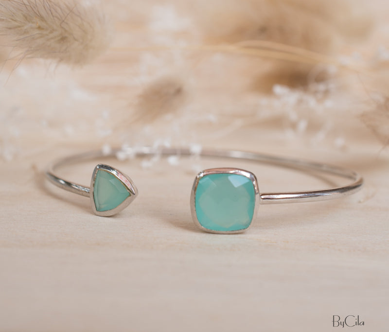 Aqua Chalcedony Bohemian Bangle Bracelet * Gold Plated 18k or Silver Plated *Gemstone * Gypsy * Adjustable * Statement * Stacking *BJB001F