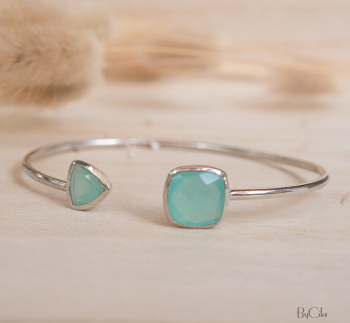 Aqua Chalcedony Bohemian Bangle Bracelet * Gold Plated 18k or Silver Plated *Gemstone * Gypsy * Adjustable * Statement * Stacking *BJB006A