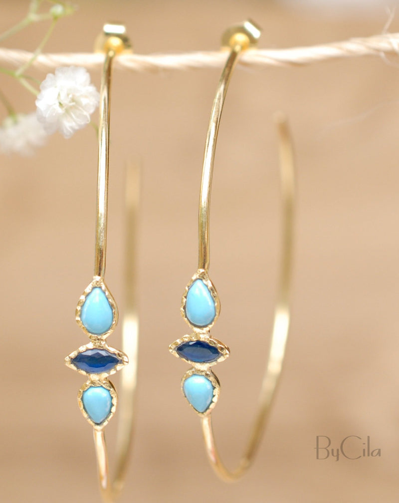 Yeda Hoop Earrings * Turquoise & Sapphire * Gold Plated 18k, Rose Gold Plated or Silver Plated * BJE018C