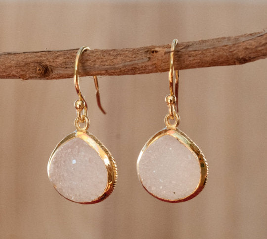 Lihue Earrings * White Druzy * Gold Plated 18k or Sterling Silver 925 * BJE064B