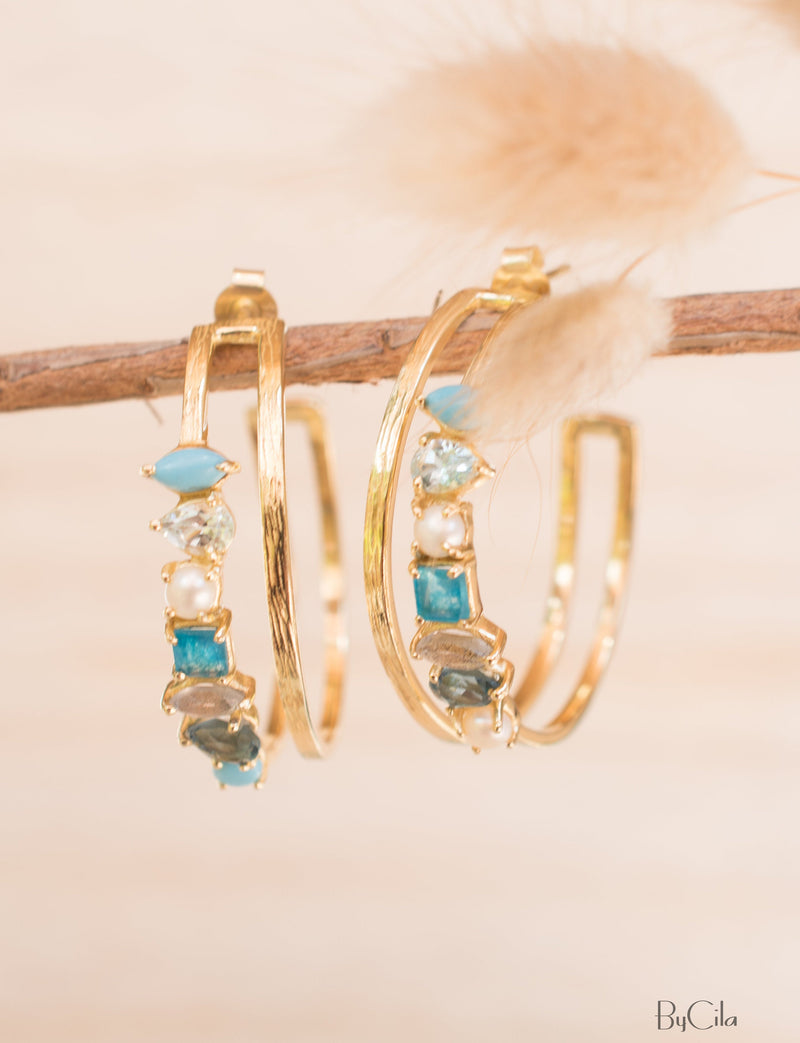 Stella Earrings * Turquoise, Blue Topaz, Pearl, Green White Jade, Labradorite & Iolite hydro * Gold Plated 18k * BJE105