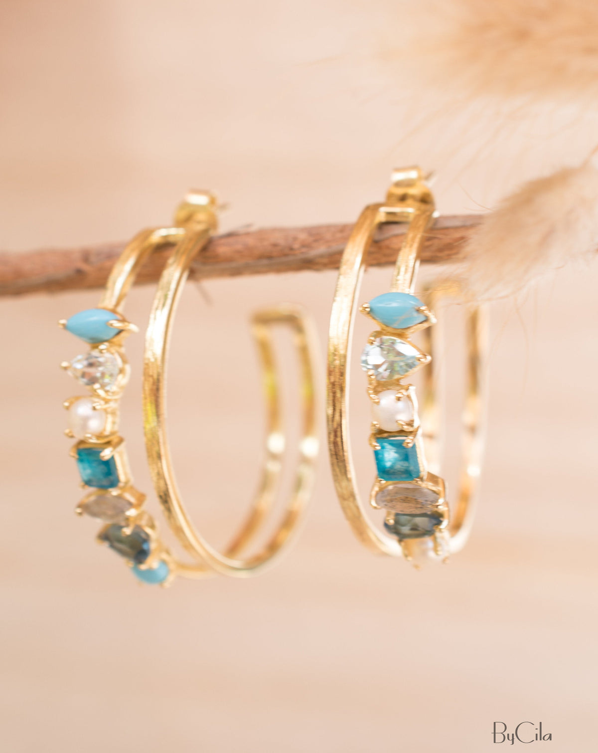 Stella Earrings * Turquoise, Blue Topaz, Pearl, Green White Jade, Labradorite & Iolite hydro * Gold Plated 18k * BJE105