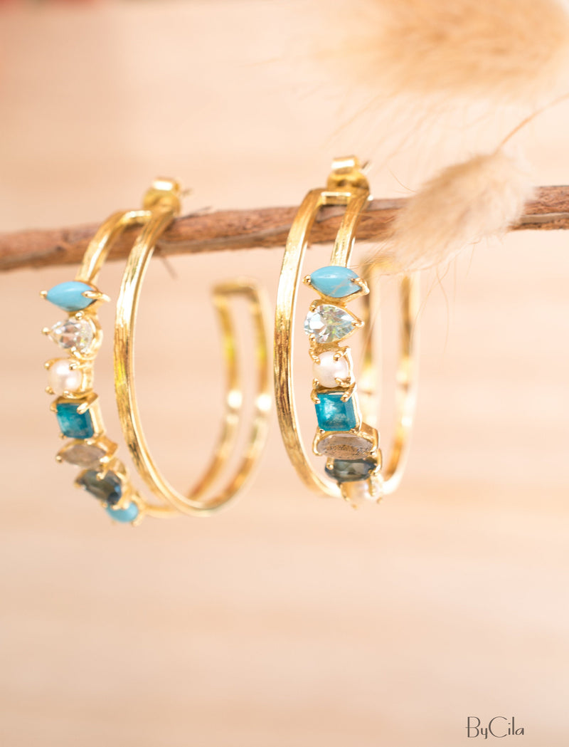 Stella Earrings * Turquoise, Blue Topaz, Pearl, Green White Jade, Labradorite & Iolite hydro * Gold Plated 18k * BJE105