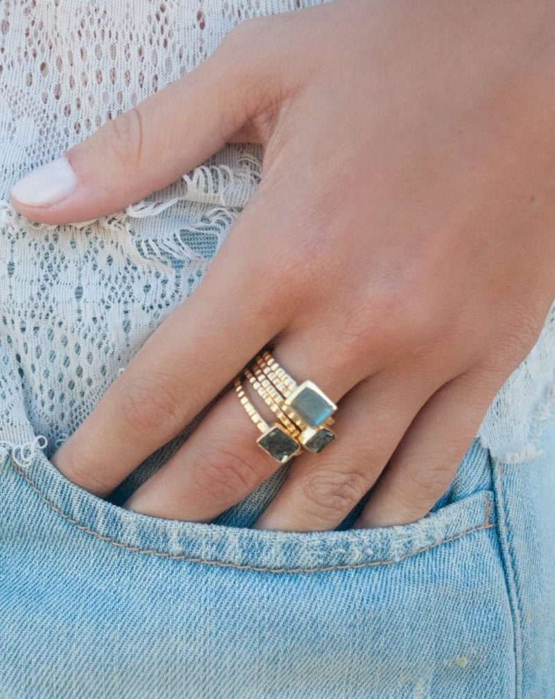 Labradorite, Black Diamond and Plain Band Rings * Gold Ring * Gold Labradorite Ring * Gold Vermeil * Gemstones Ring * BJR184A