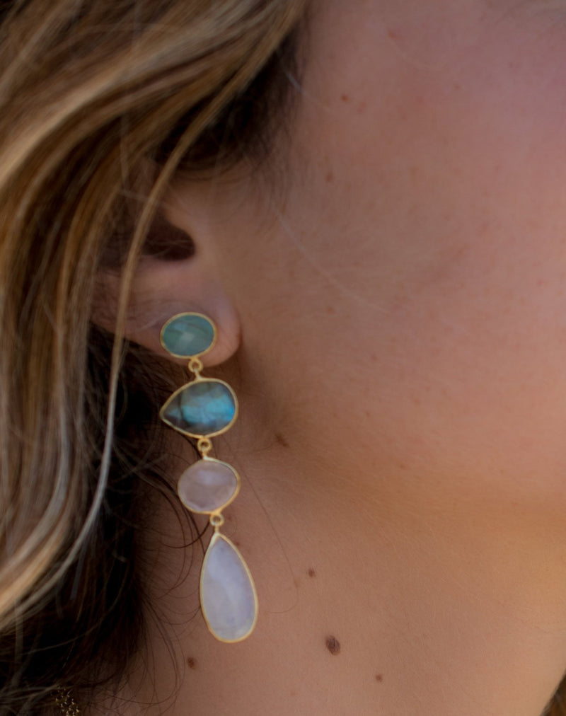 Bela Liz Earrings * Aqua Chalcedony, Labradorite, Rose Quartz & Moonstone * Gold Plated 18k * BJE090