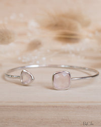 Rose Quartz Bangle Bracelet * Gold Plated 18k or Silver Plated or Rose Gold Plated * Gemstone * Adjustable * Statement *  Stacking * BJB004B