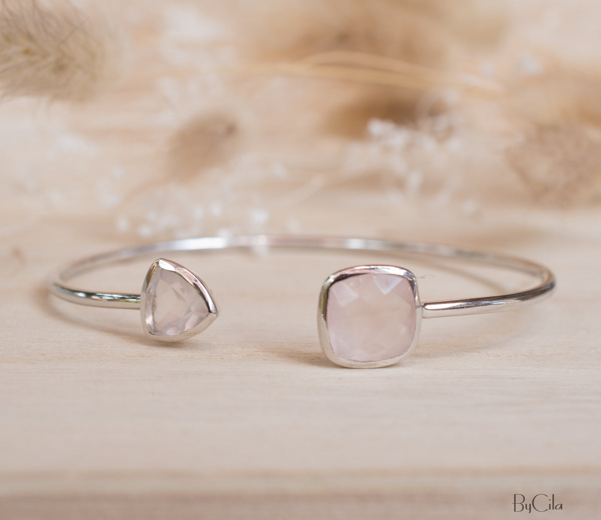 Rose Quartz Bangle Bracelet * Gold Plated 18k or Silver Plated or Rose Gold Plated * Gemstone * Adjustable * Statement *  Stacking * BJB004B