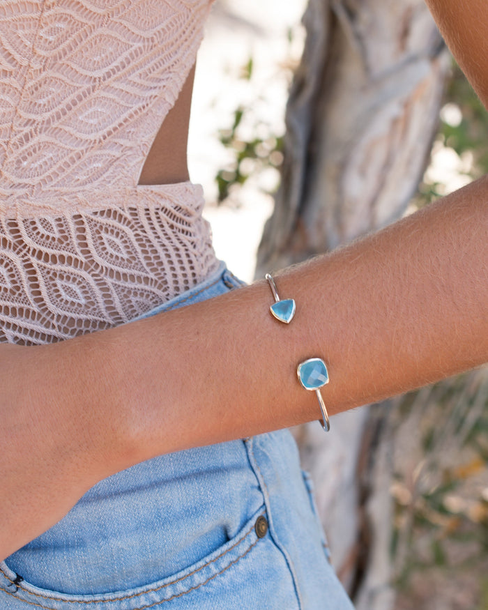 Blue Chalcedony Bangle Bracelet *Gold Plated 18k or Silver Plated* Gemstone * Gypsy * Adjustable * Statement * Stacking * Layering * BJB009A