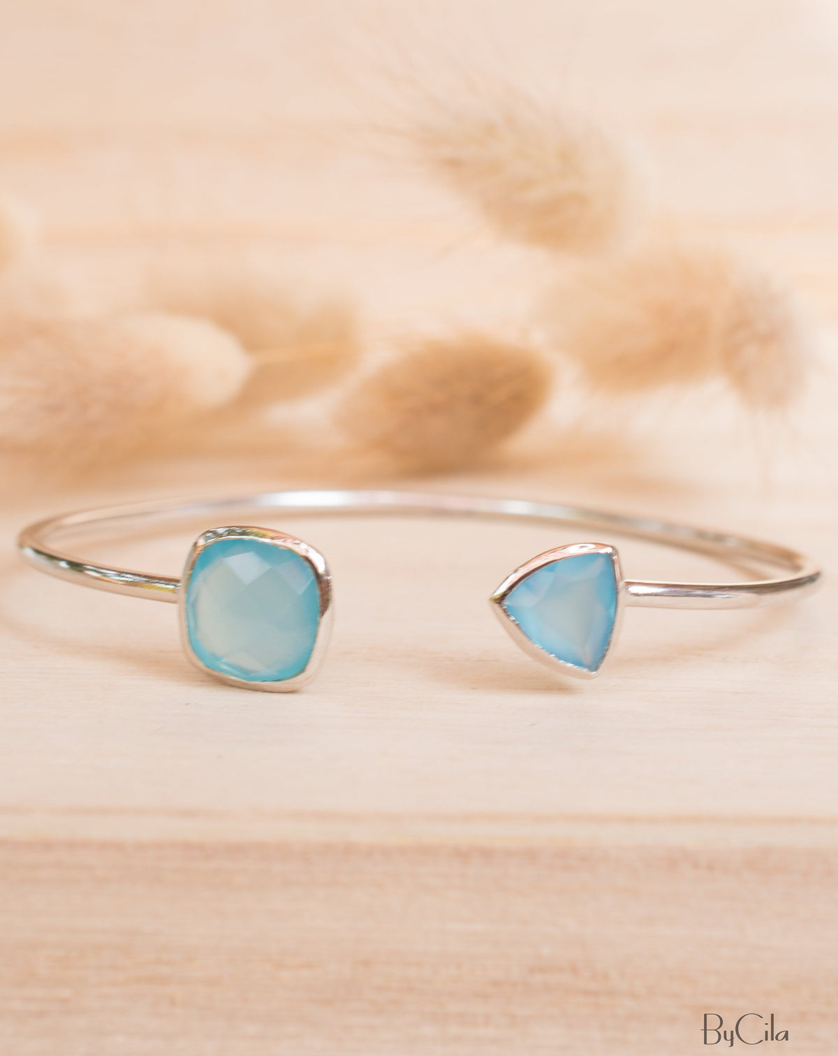 Blue Chalcedony Bangle Bracelet *Gold Plated 18k or Silver Plated* Gemstone * Gypsy * Adjustable * Statement * Stacking * Layering * BJB009B