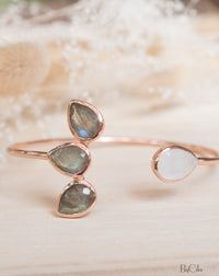 Labradorite and Moonstone Bangle Bracelet *Gold Plated 18k or Rose Gold Plated *Gemstone * Lotus Flower * Adjustable * Statement  * BJB019A