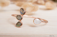 Labradorite and Moonstone Bangle Bracelet *Gold Plated 18k or Rose Gold Plated *Gemstone * Lotus Flower * Adjustable * Statement  * BJB019C