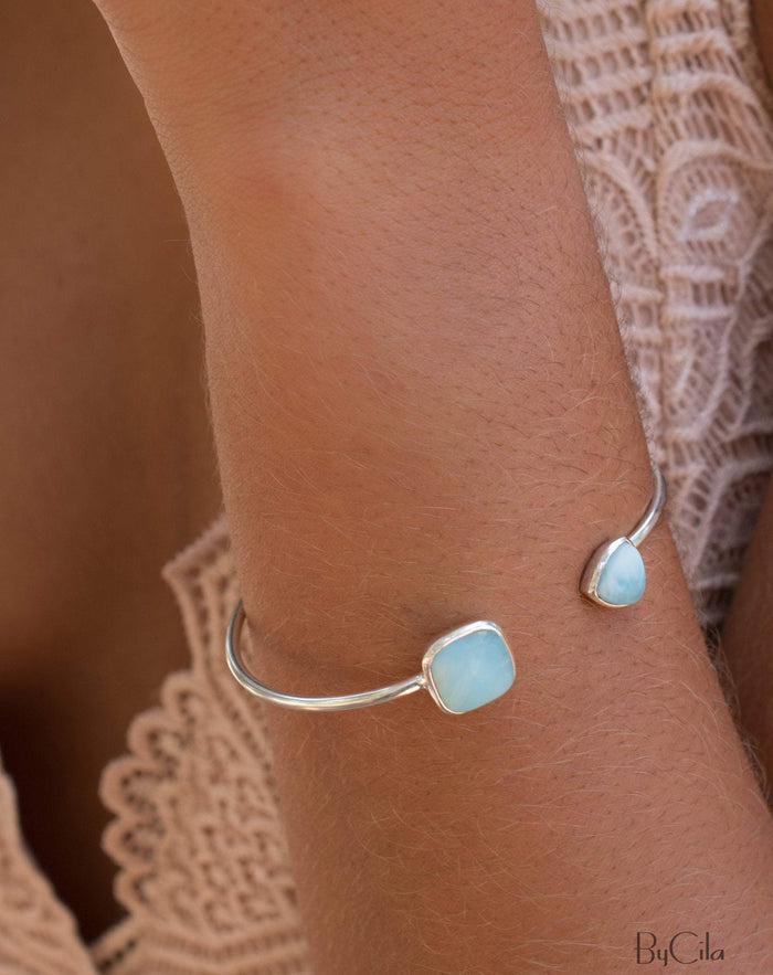 Larimar Bohemian Bangle Bracelet * Gold Plated 18k or Silver Plated * Gemstone * Gypsy * Hippie * Adjustable * Statement * Stacking *BJB005B