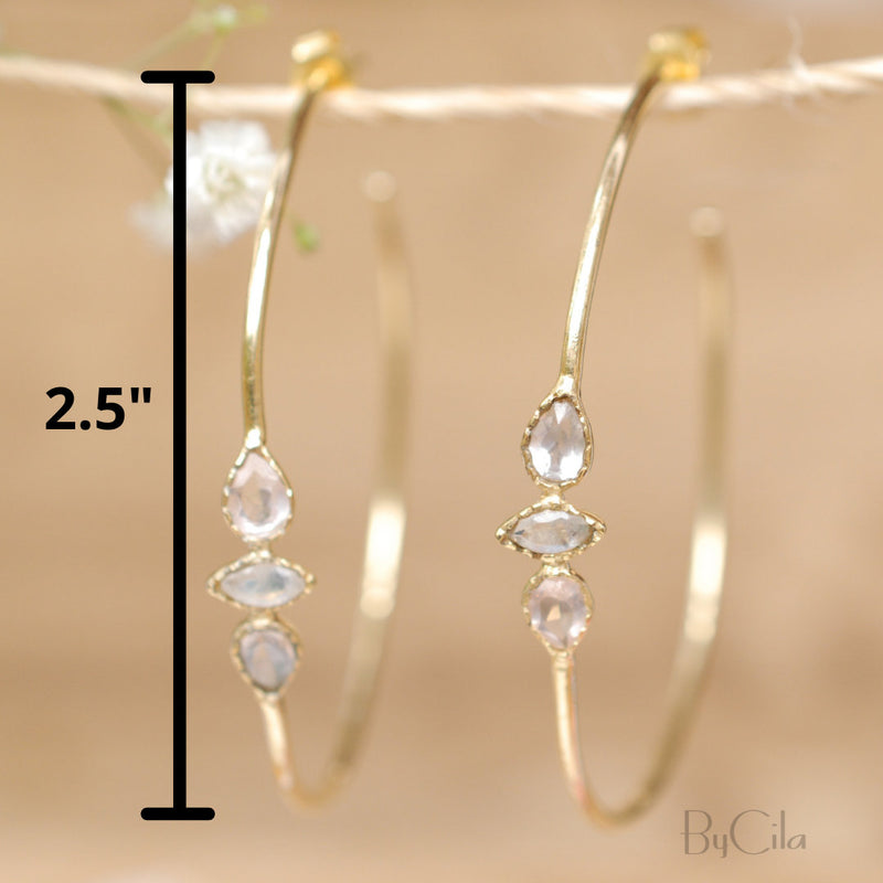 Yeda Hoop Earrings * Rose Quartz & Moonstone * Gold Plated 18k,  Silver Plated or Rose Gold Plated * BJE015A