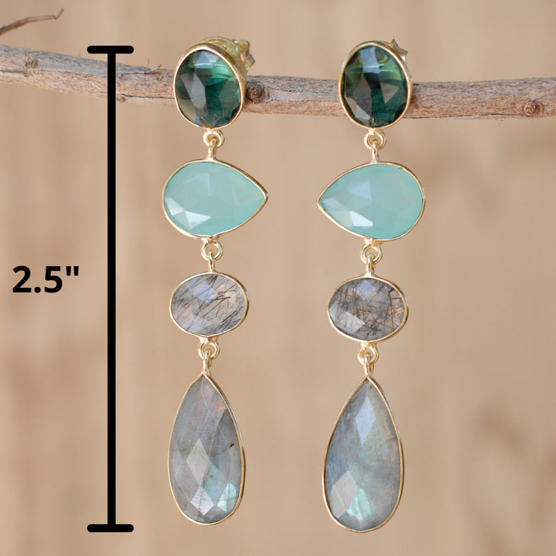 Bela Liz Earrings * Green Tourmaline Hydro, Aqua Chalcedony, Black Rutilated Quartz,& Labradorite * Gold Plated 18k * BJE087