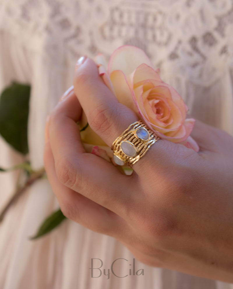 Moonstone Gold Plated Ring *  Statement Ring * Gemstone Ring * Rainbow Moonstone * Gold Ring  * BJR162