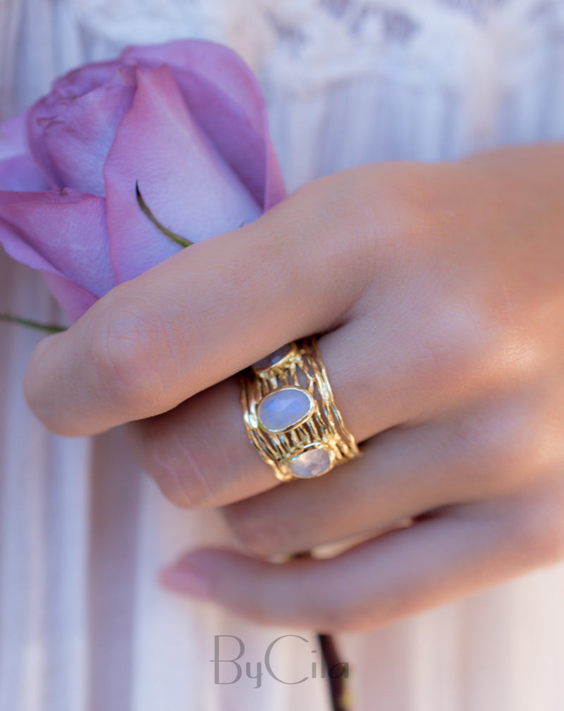 Moonstone Gold Plated Ring *  Statement Ring * Gemstone Ring * Rainbow Moonstone * Gold Ring  * BJR162