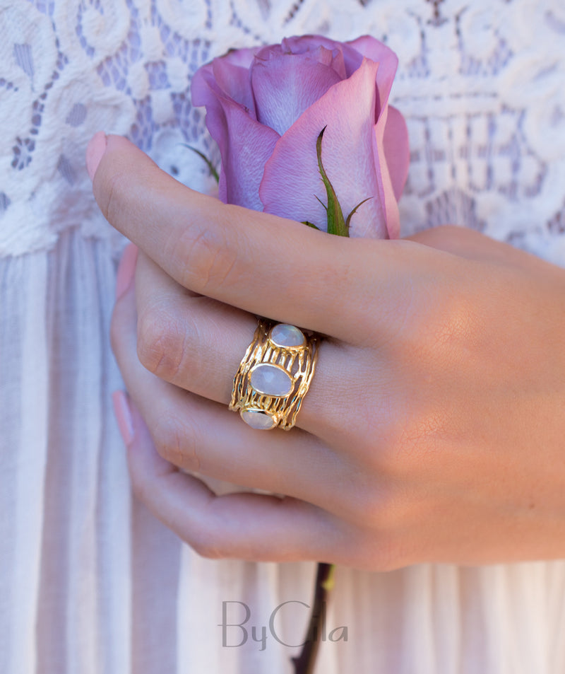 Moonstone Gold Plated Ring *  Statement Ring * Gemstone Ring * Rainbow Moonstone * Gold Ring  * BJR162