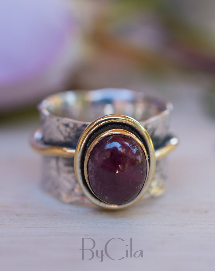 Ruby ring * Sterling silver ring * Gold Vermeil ring * Wide ring * Handmade ring * Wave band ring * Gemstone* Green Stone BJR206