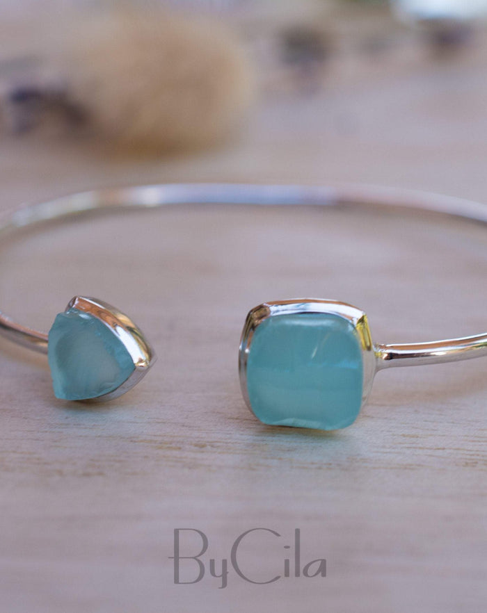 Rough Aqua Chalcedony Bangle Bracelet * Gold Plated 18k or Silver Plated* Gemstone * Adjustable * Statement * Stacking * Raw * BJB008A
