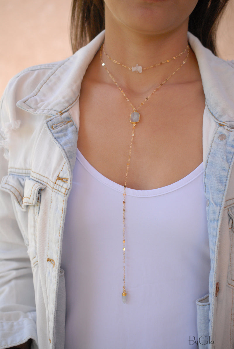 Giovanna Long Y Necklace * Moonstone or Labradorite * Gold Filled * BJN047