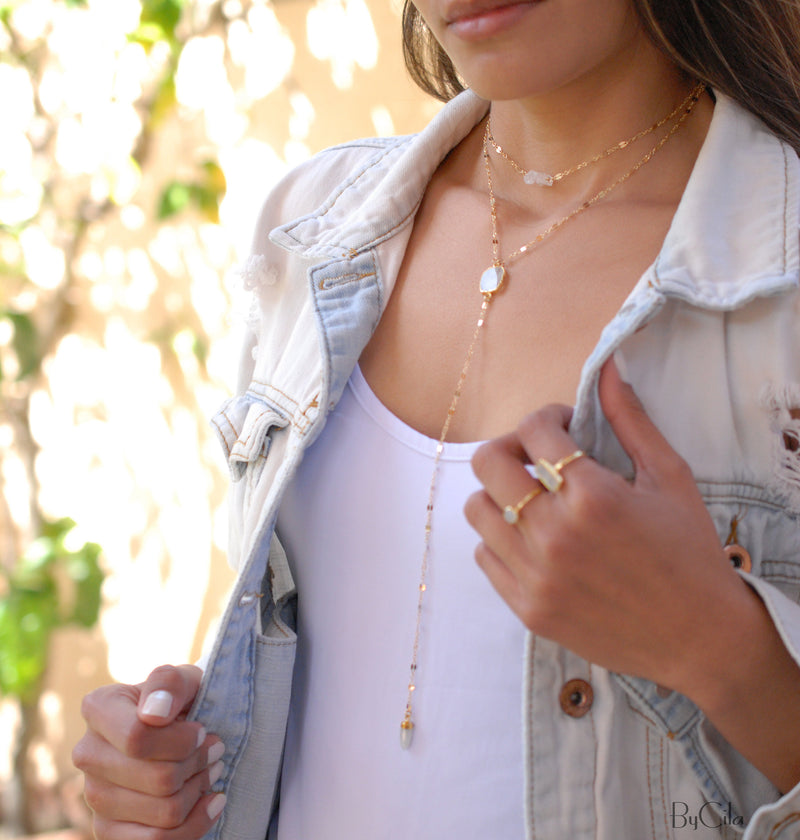 Giovanna Long Y Necklace * Moonstone or Labradorite * Gold Filled * BJN047