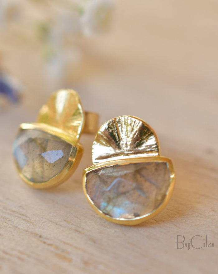 Labradorite Earrings Stud Gold Plated 18k or Sterling Silver 925 *Post * Gemstone * Statement * handmade * Lightweight *ByCila * BJE157