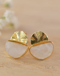 Moonstone Stud Earrings Gold Plated 18k * Gemstone * Earrings * Rainbow Moonstone * Handmade * Boho * Modern * BJE158