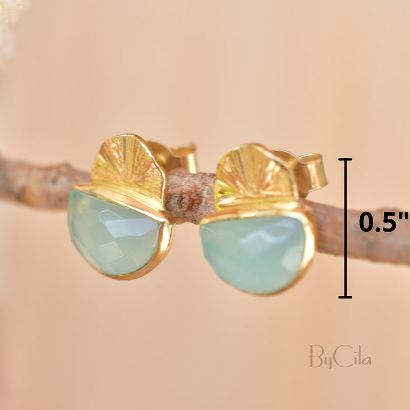 Aqua Chalcedony Earrings Stud Gold Plated 18k  * Post *Gemstone * Statement * handmade* Everyday * Lightweight* bohemian  * ByCila *BJE159