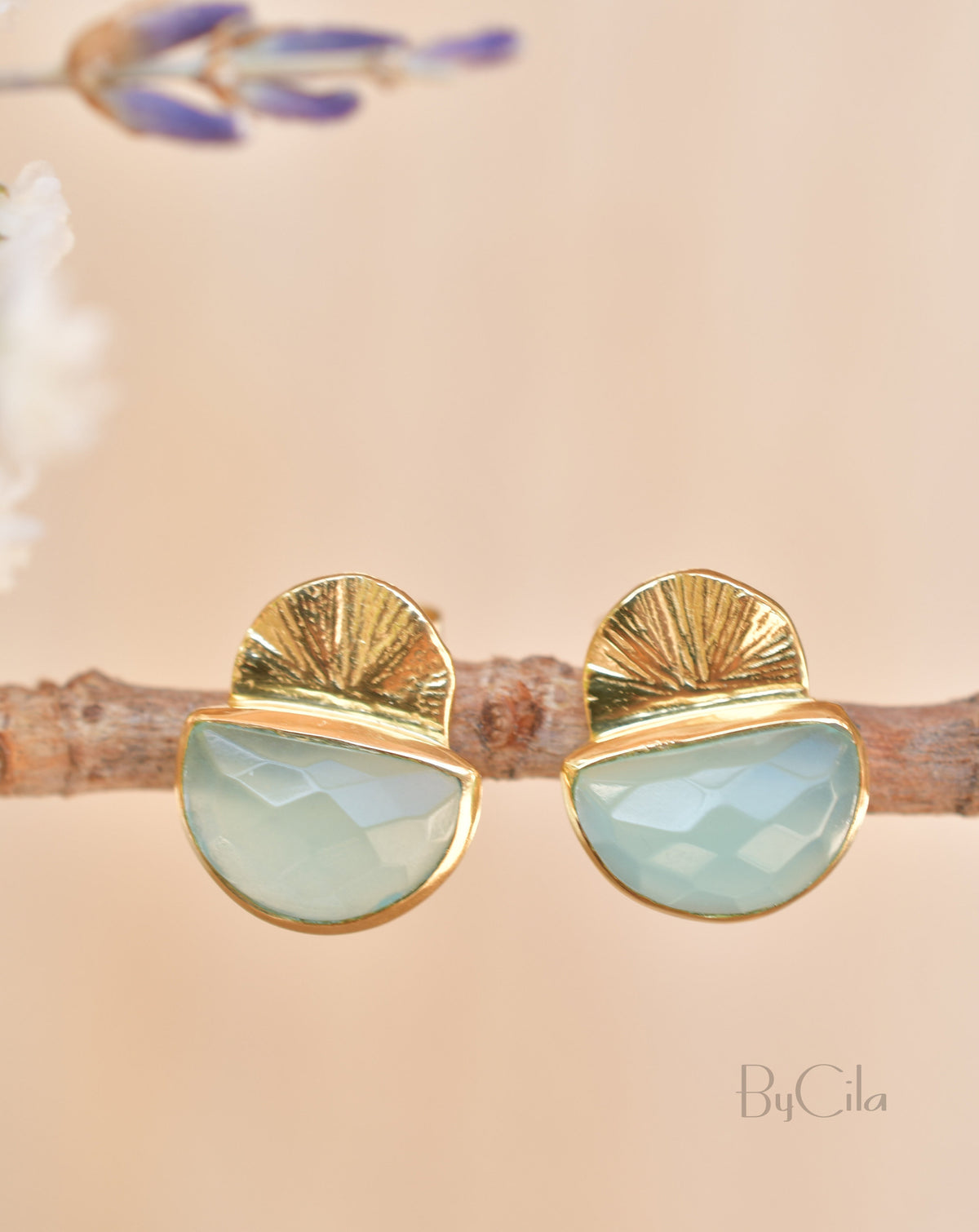 Aqua Chalcedony Earrings Stud Gold Plated 18k  * Post *Gemstone * Statement * handmade* Everyday * Lightweight* bohemian  * ByCila *BJE159