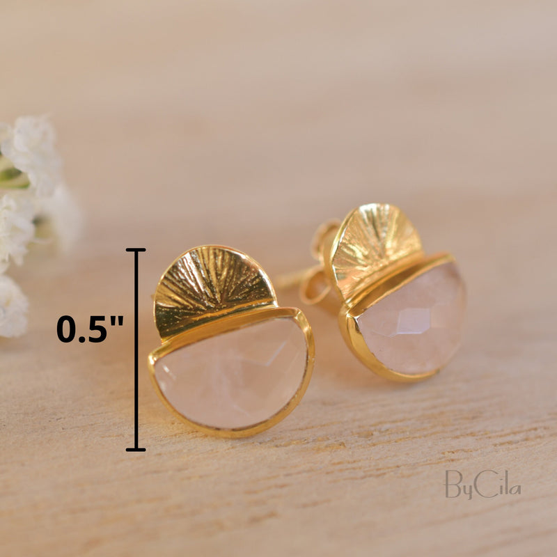 Rose Quartz Stud Earrings* Gold Plated 18k or Sterling Silver 925 * Post * Gemstone * Everyday * handmade* bohemian * ByCila * BJE160