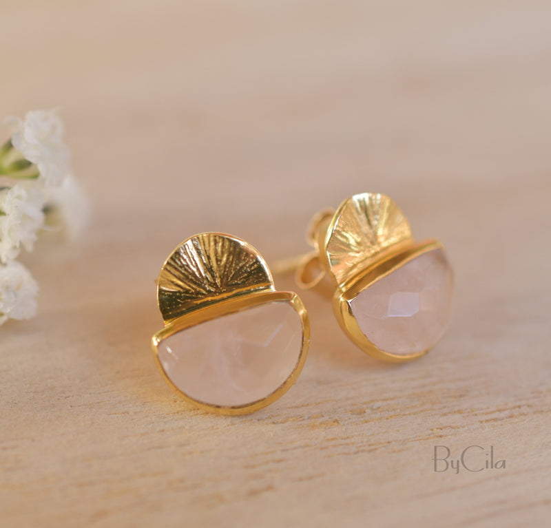 Rose Quartz Stud Earrings* Gold Plated 18k or Sterling Silver 925 * Post * Gemstone * Everyday * handmade* bohemian * ByCila * BJE160