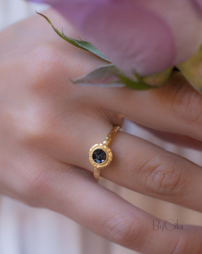 14K Yellow Gold Black Mosaic Diamond Ring *Hammered * Engagement Ring *Unique *Organic *Boho chic * Diamond Ring *Modern *Gold Band *BJRG005