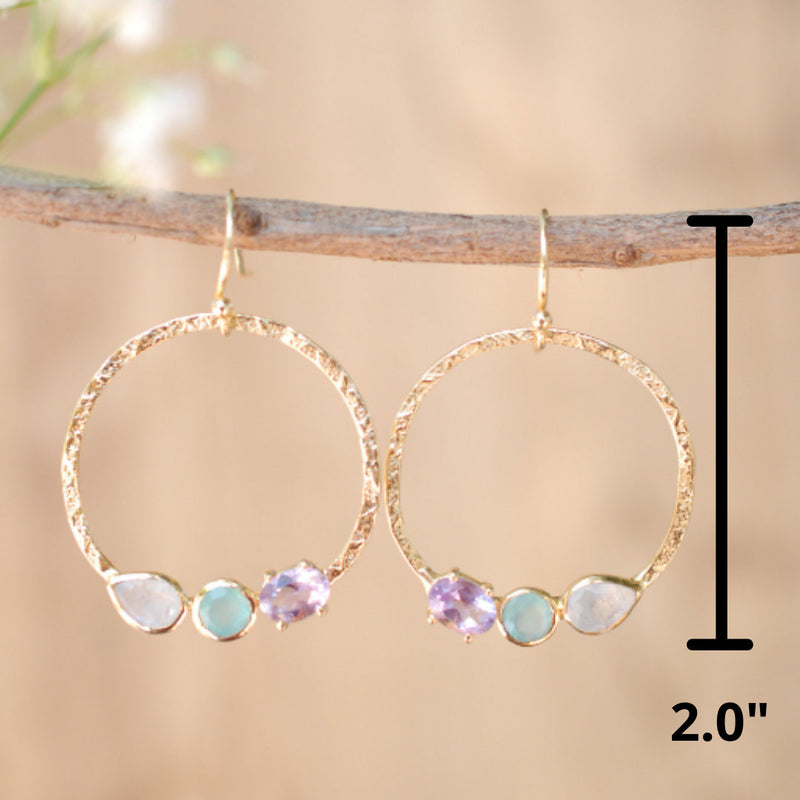 Esther Earrings * Rainbow Moonstone, Aqua Chalcedony & Amethyst  * Gold Plated 18k * BJE093