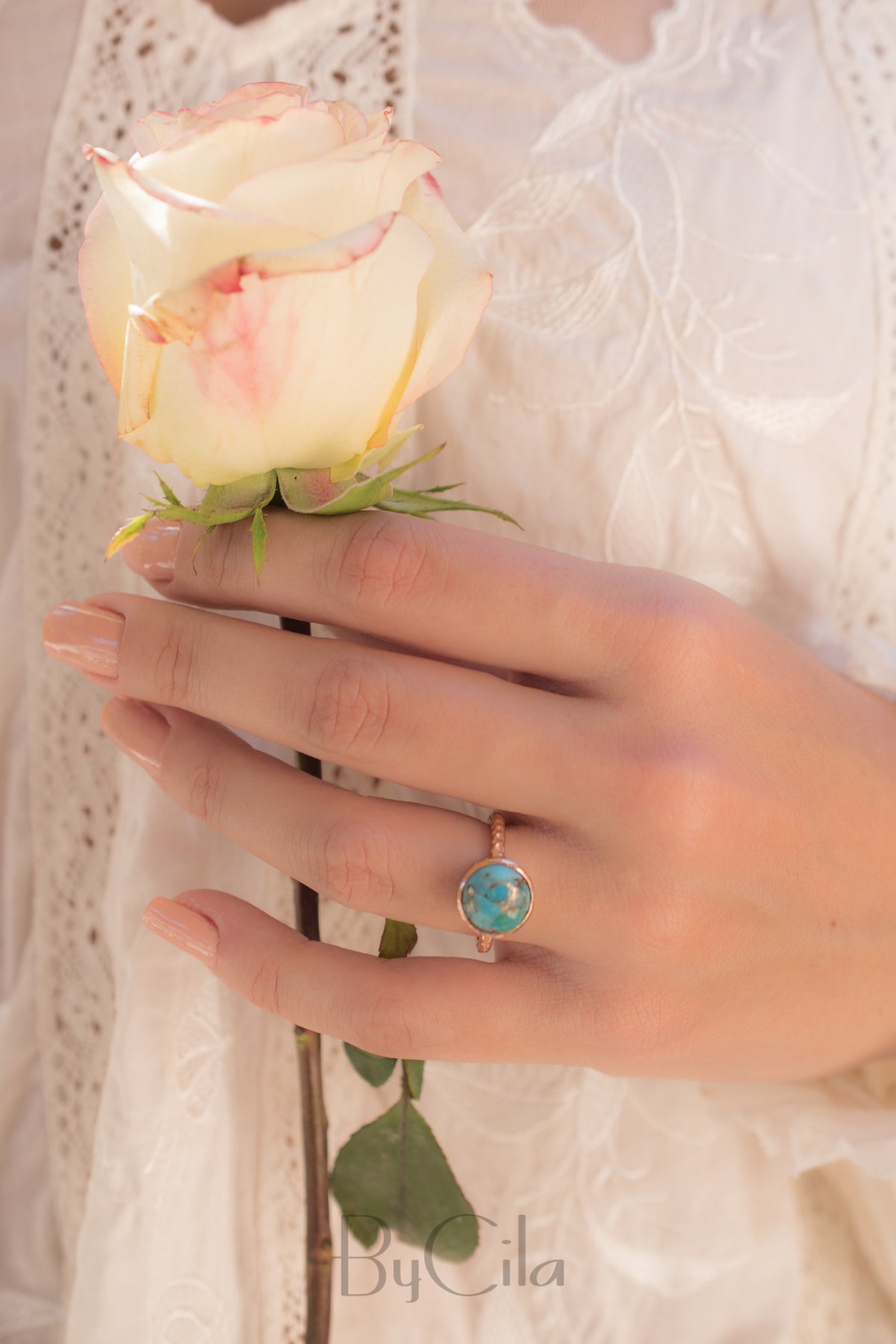 Copper Turquoise Rose Gold Ring * Boho * Organic * handmade * Gypsy * Bridesmaid* Solitaire * Bridal * BJR217