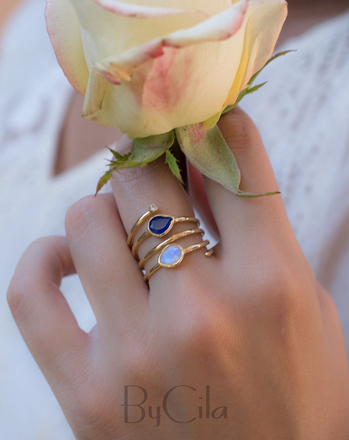 Lapis Lazuli & Moonstone Gold Plated 18k Ring * Blue stone* Gemstones * Handmade *Statement *Gift for her *Spiral Ring Jewelry*Bycila*BJR059