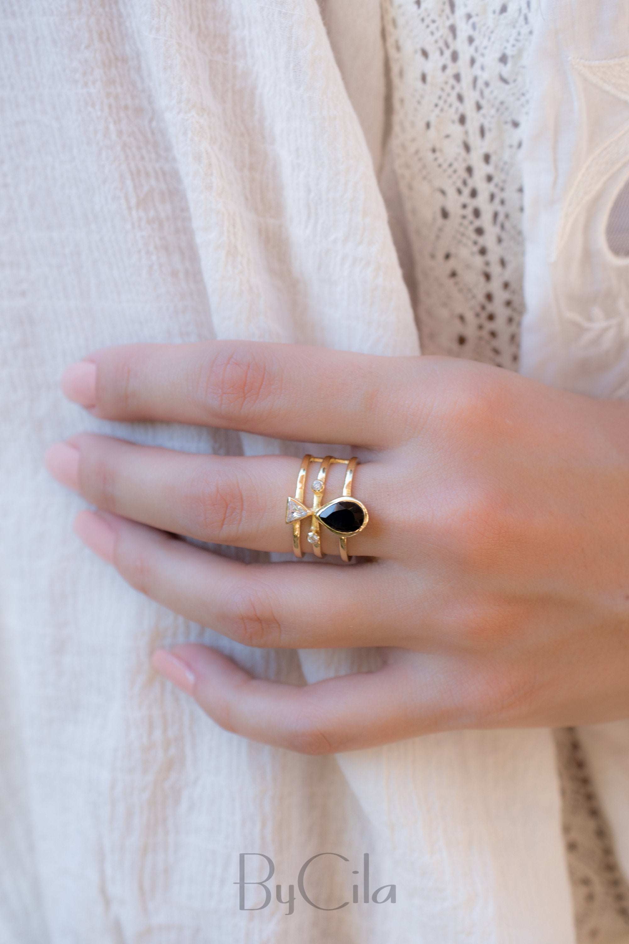 Lolita Ring * Black Onyx & White Topaz * Gold Plated