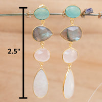 Bela Liz Earrings * Aqua Chalcedony, Labradorite, Rose Quartz & Moonstone * Gold Plated 18k * BJE090