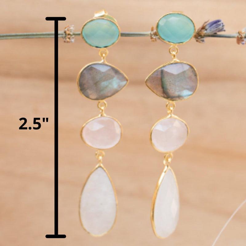 Bela Liz Earrings * Aqua Chalcedony, Labradorite, Rose Quartz & Moonstone * Gold Plated 18k * BJE090