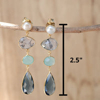 Bela Liz Earrings * Pearl, Black Tourmaline Quartz, Aqua Chalcedony & Iolite hydro * Gold Plated 18k * BJE088