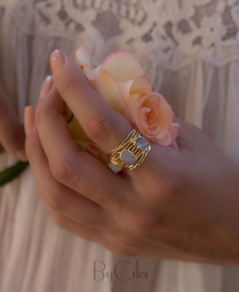 Moonstone Gold Plated Ring *  Statement Ring * Gemstone Ring * Rainbow Moonstone * Gold Ring  * BJR162