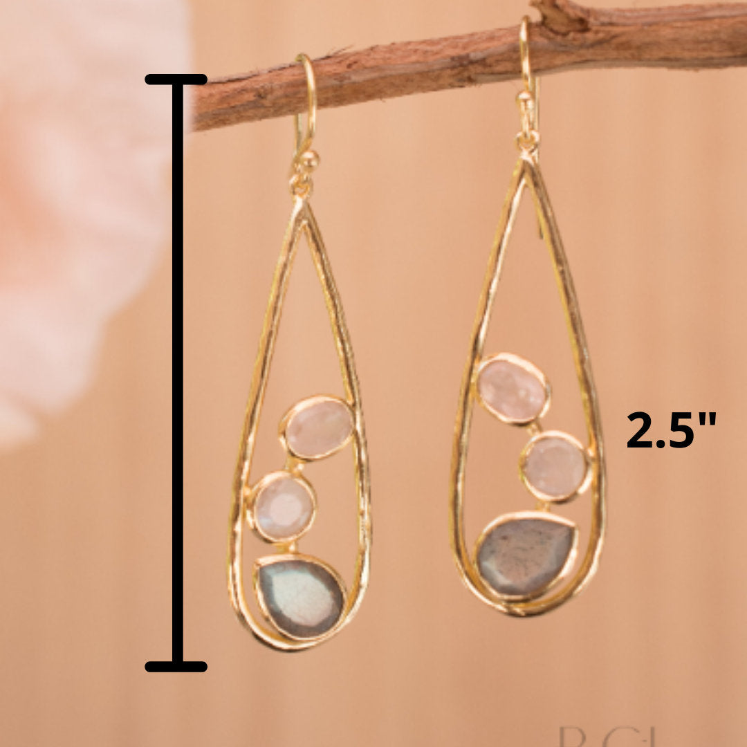 Rebeca Earrings * Rose Quartz, Moonstone & Labradorite * Gold Plated 18k * BJE106