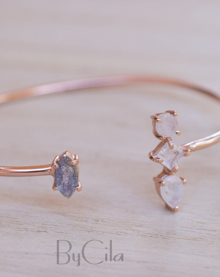 Labradorite & Moonstone Bangle Bracelet * Rose Gold Plated or Gold Plated * Gemstone * Gypsy * Hippie *  Adjustable *  Stacking*BJB013C