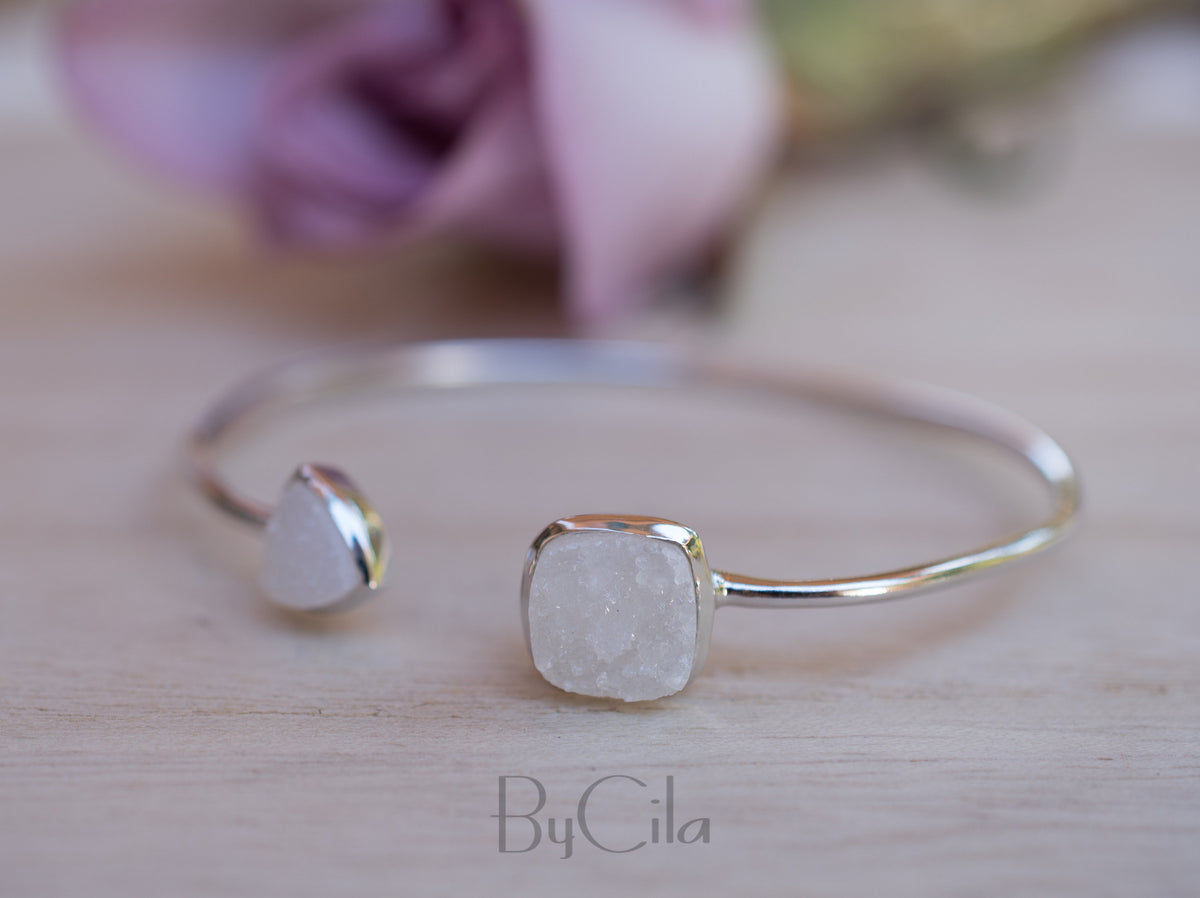 White Druzy Bohemian Bangle Bracelet *Gold Plated 18k or Silver Plated * Gemstone * Gypsy * Hippie *  Adjustable*Statement*Stacking *BJB007A