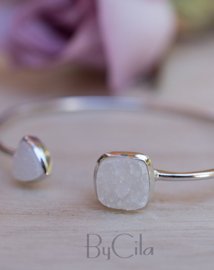 White Druzy Bohemian Bangle Bracelet *Gold Plated 18k or Silver Plated * Gemstone * Gypsy * Hippie *  Adjustable*Statement*Stacking *BJB007A