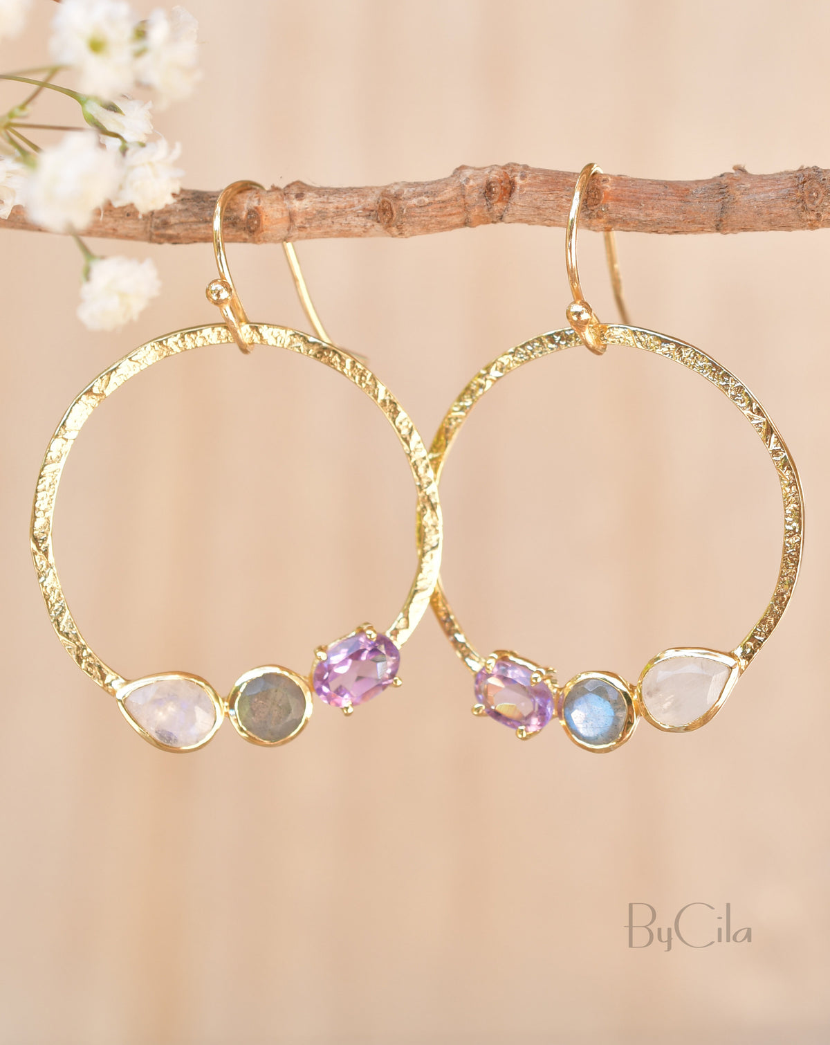 Rainbow Moonstone, Labradorite & Amethyst  Earrings Gold Plated* Geometric * Empty Circle * Handmade Gemstone * Dangle * Gold * BJE095